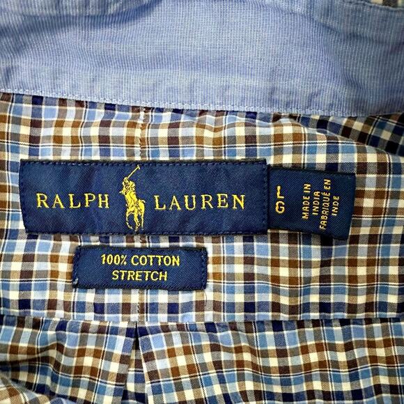 Ralph Lauren Blue Brown Checked Plaid Button Down Shirt Cotton Stretch LARGE - Picture 4 of 8